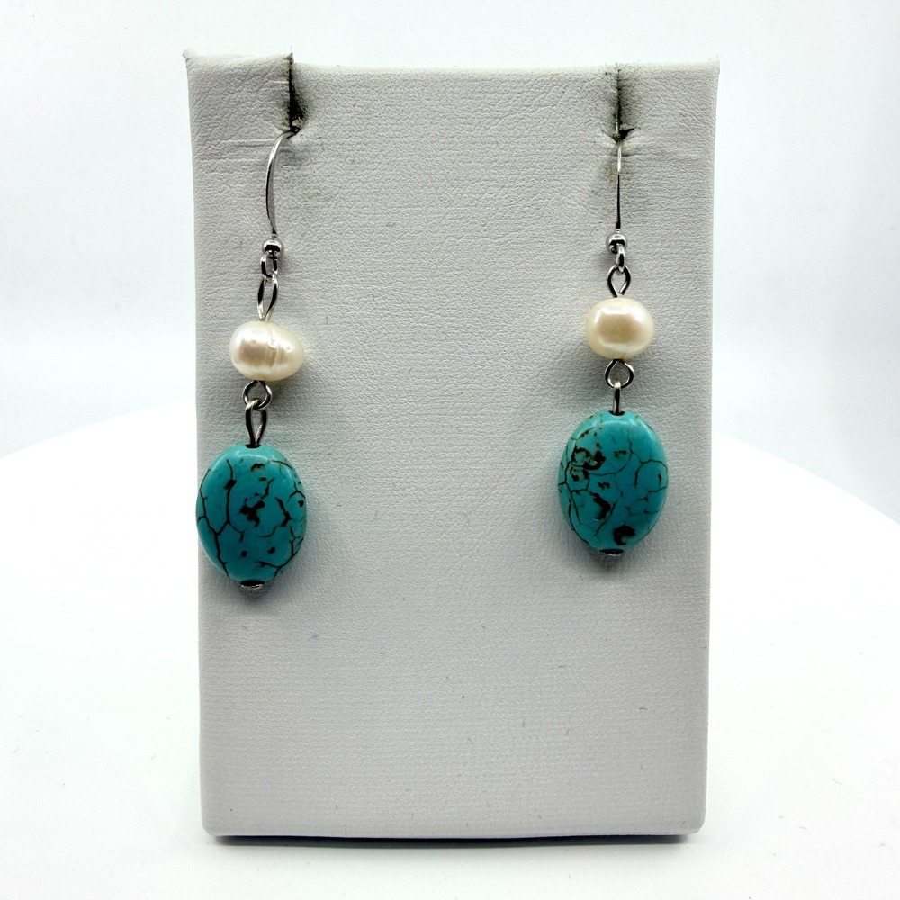 VTG Boho Faux Turquoise & Pearl Dangle Drop Earrings Silver Tone